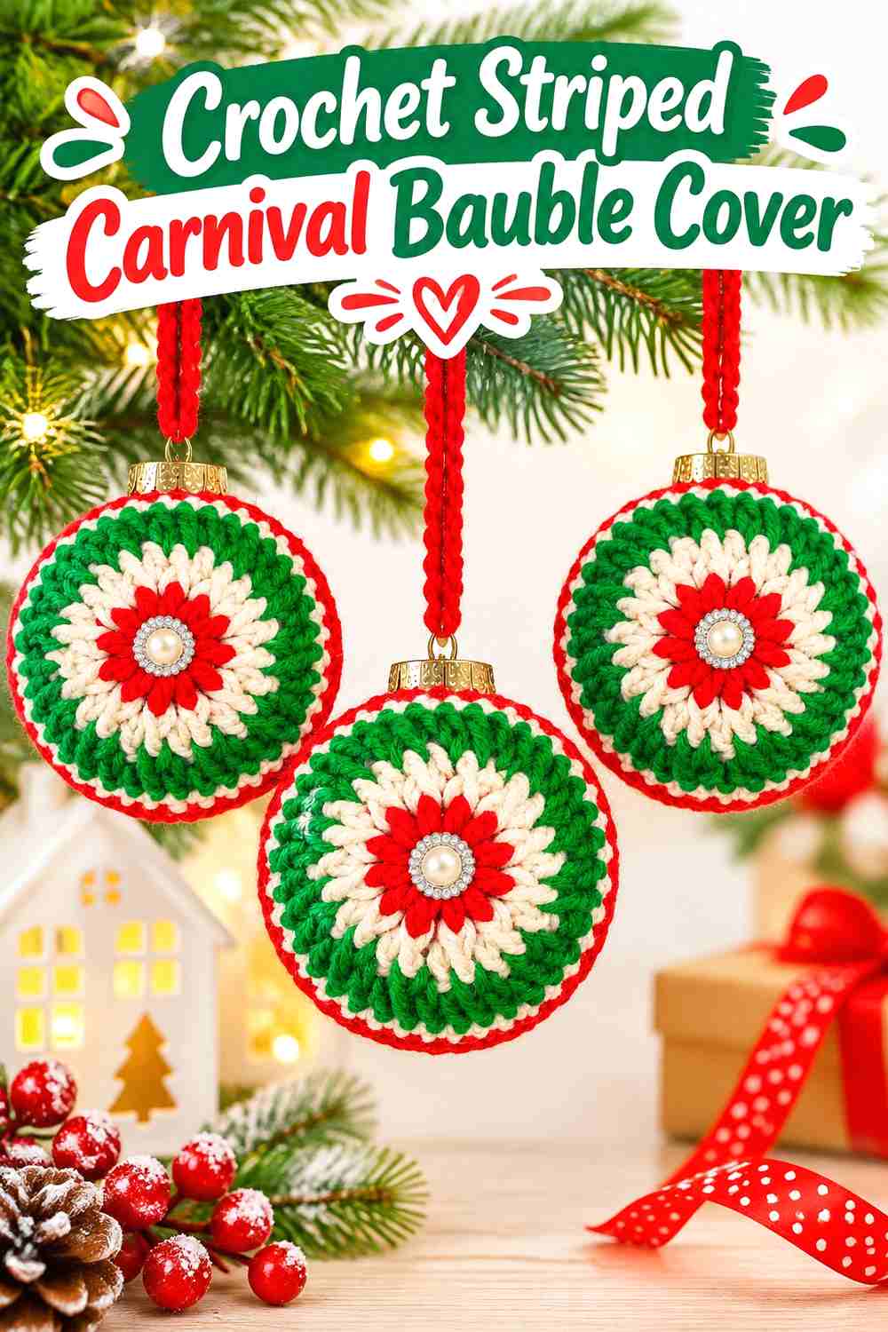 8. Crochet Striped Carnival Bauble Cover