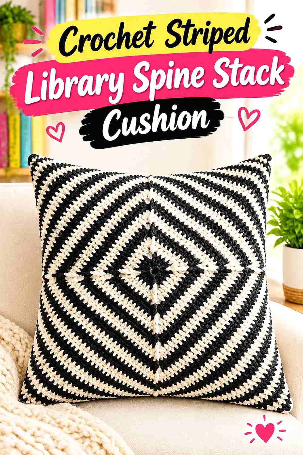 11. Crochet Striped Library Spine Stack Cushion