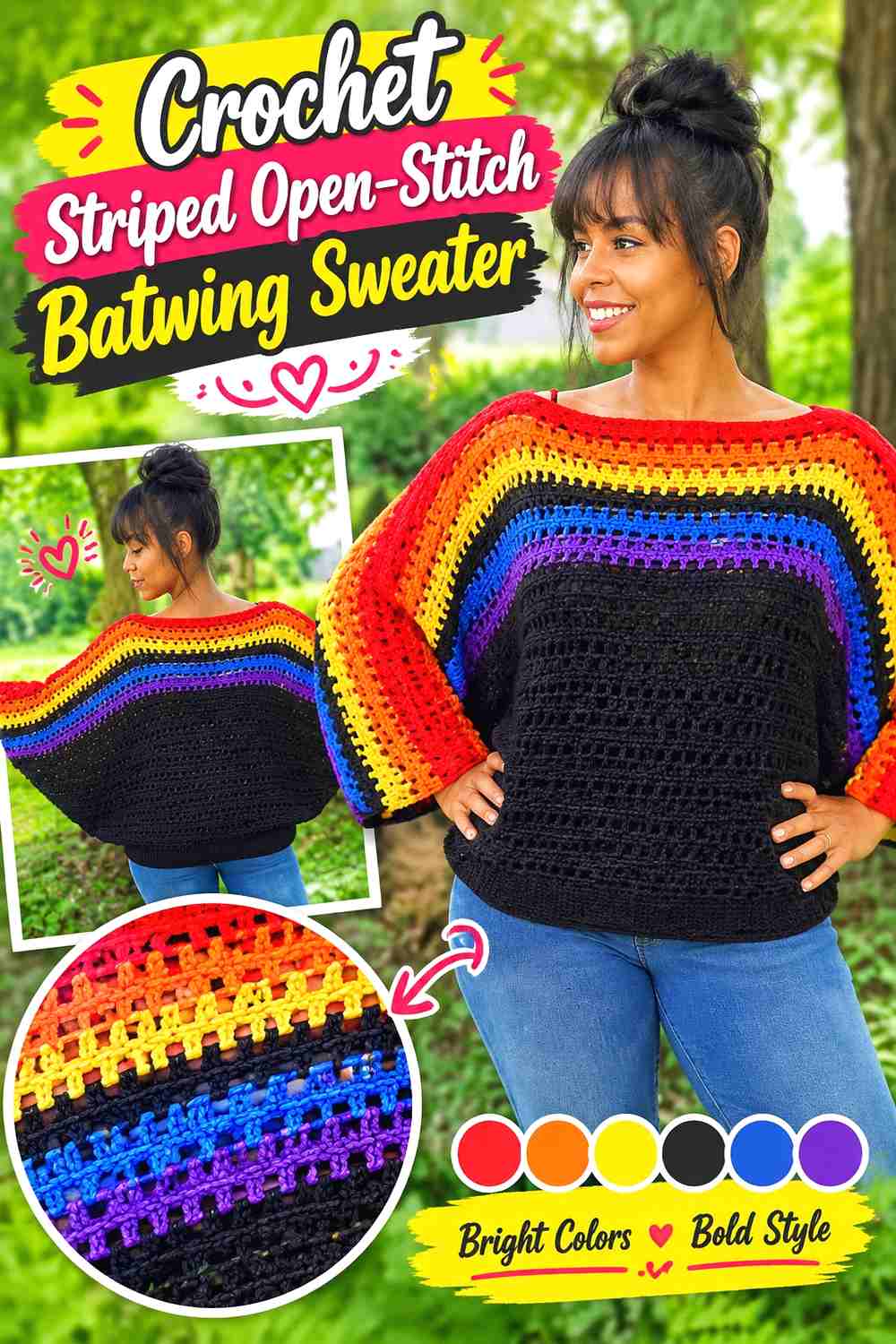 5. Crochet Striped Open-Stitch Batwing Sweater