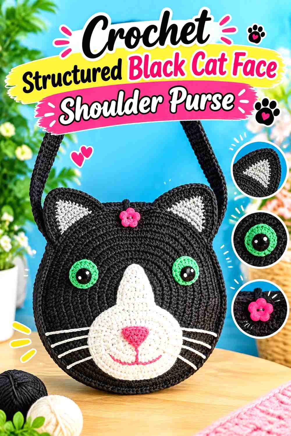 1. Crochet Structured Black Cat Face Shoulder Purse
