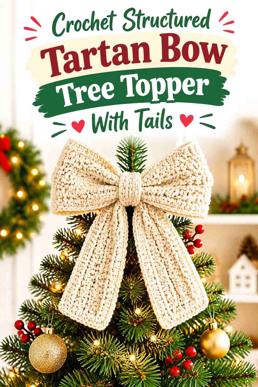 17. Crochet Structured Tartan Bow Tree Topper With Tails