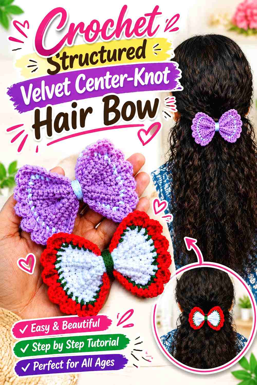 12. Crochet Structured Velvet Center-Knot Hair Bow