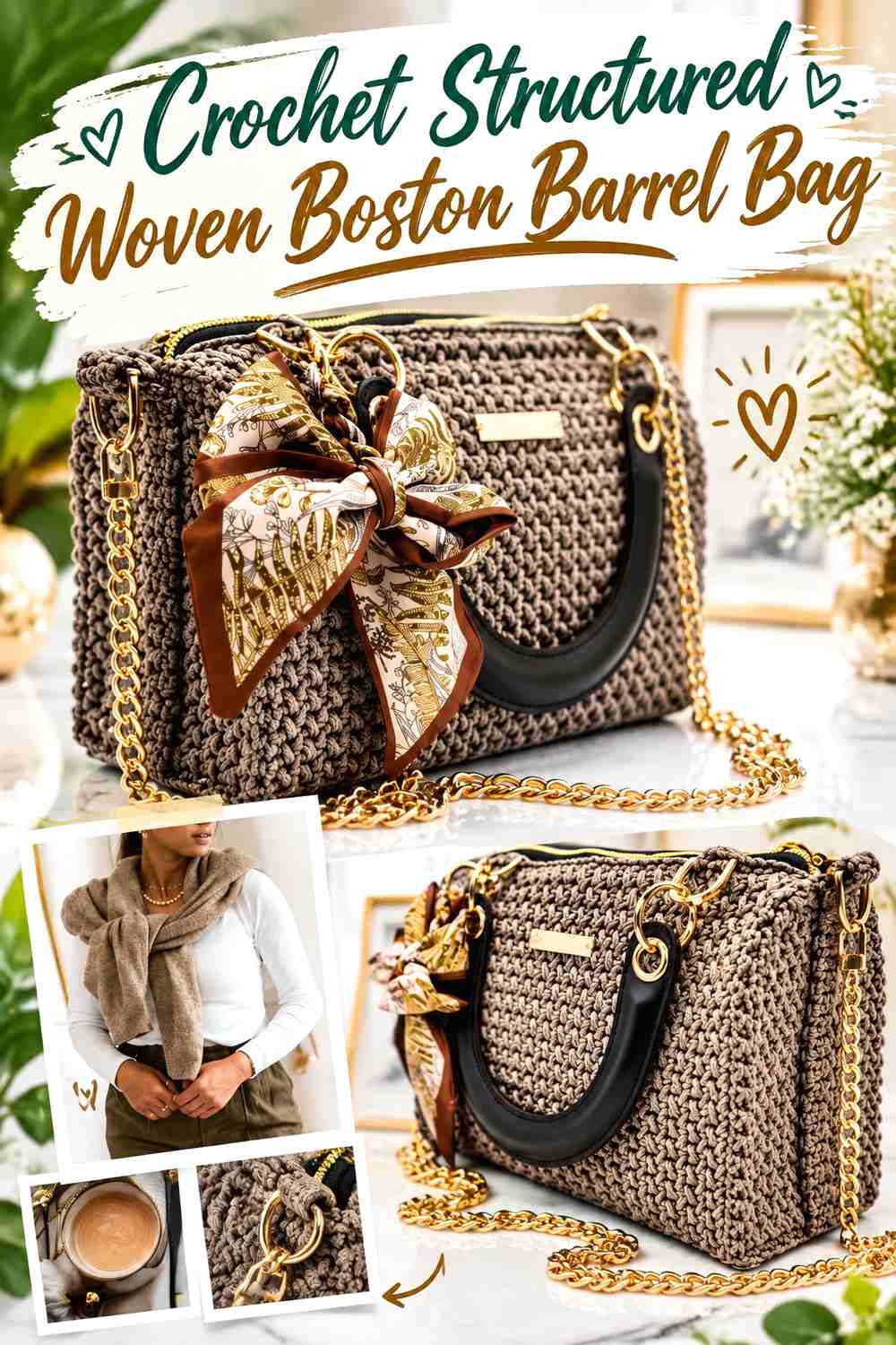 3. Crochet Structured Woven Boston Barrel Bag