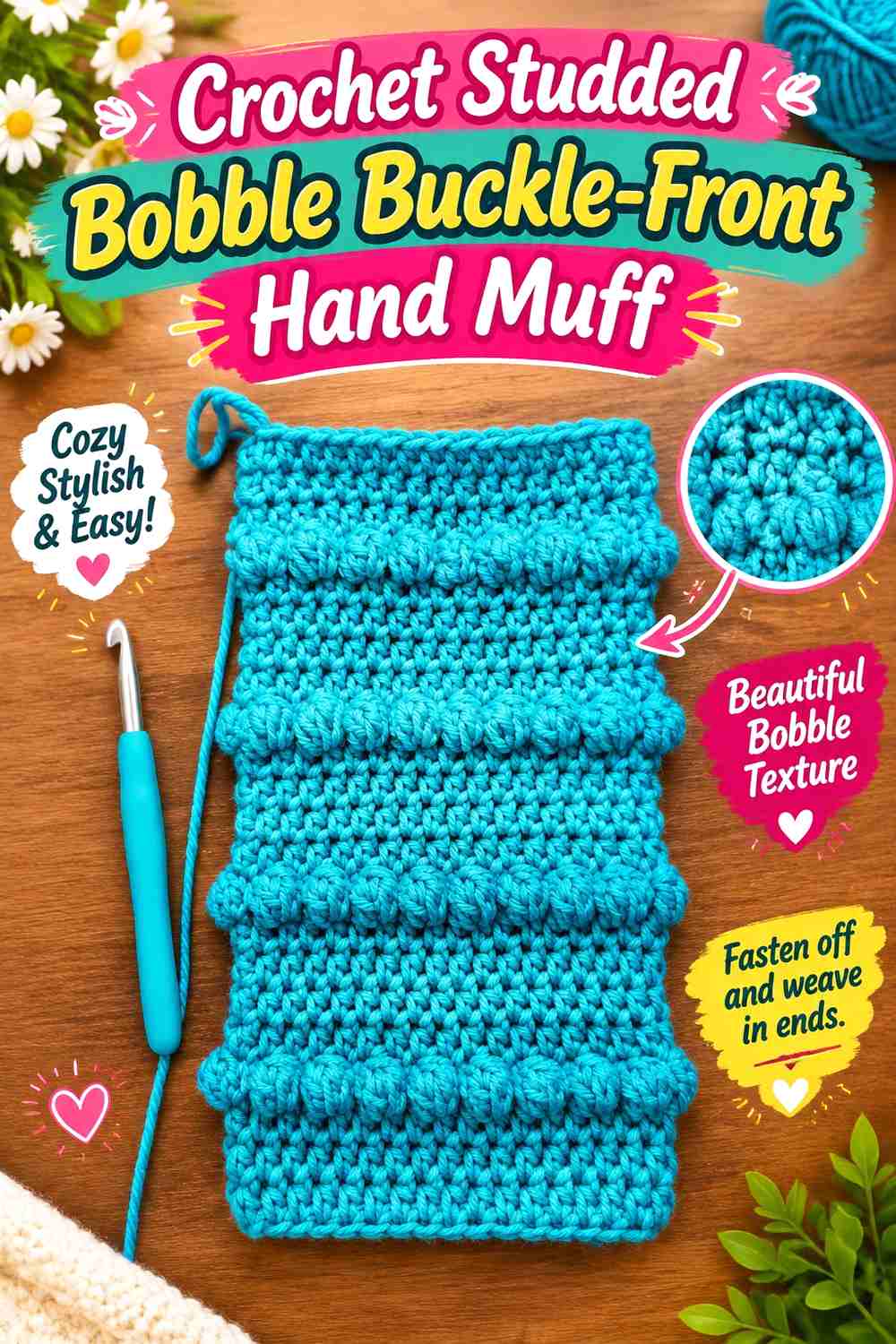 11. Crochet Studded Bobble Buckle-Front Hand Muff
