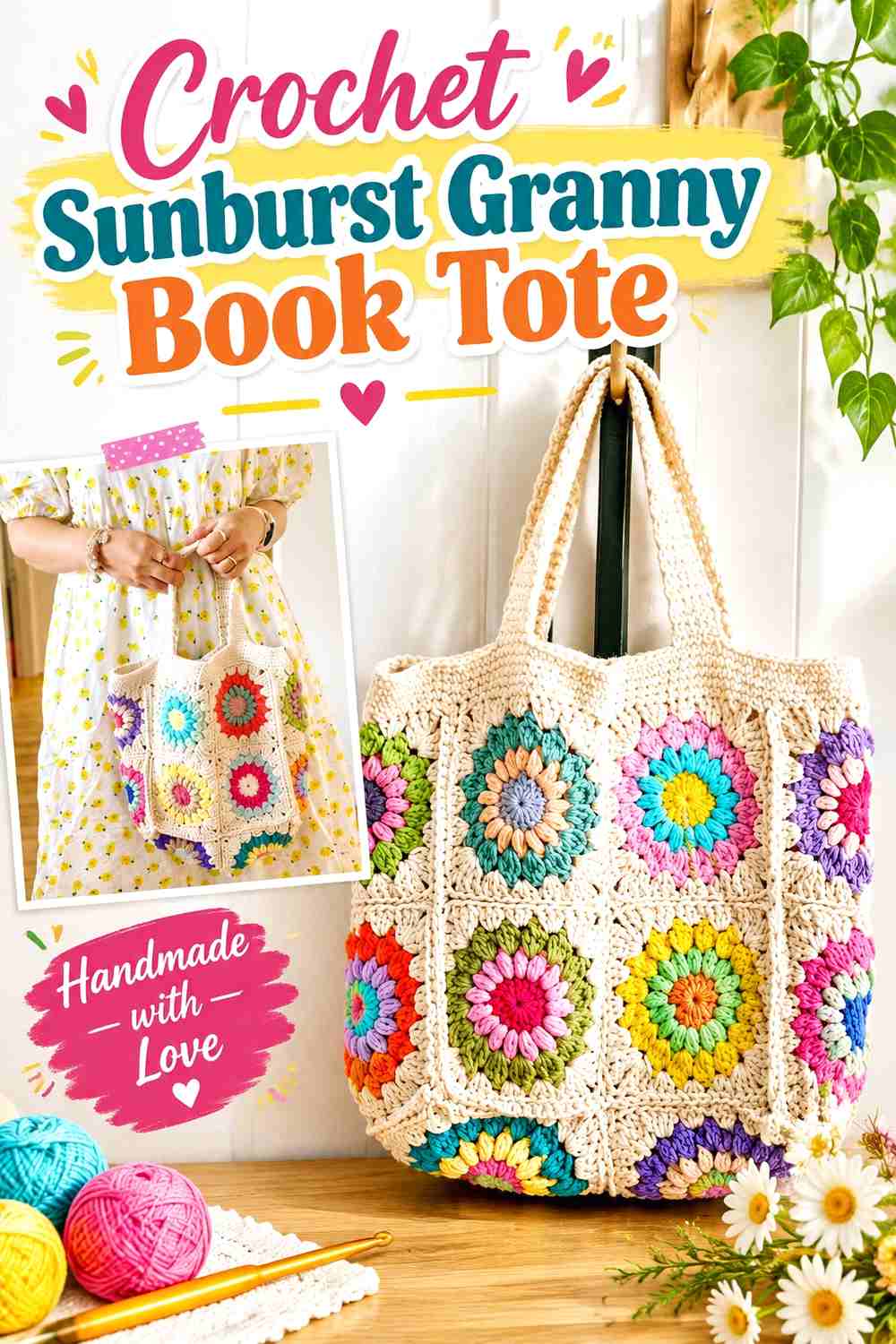 15. Crochet Sunburst Granny Book Tote