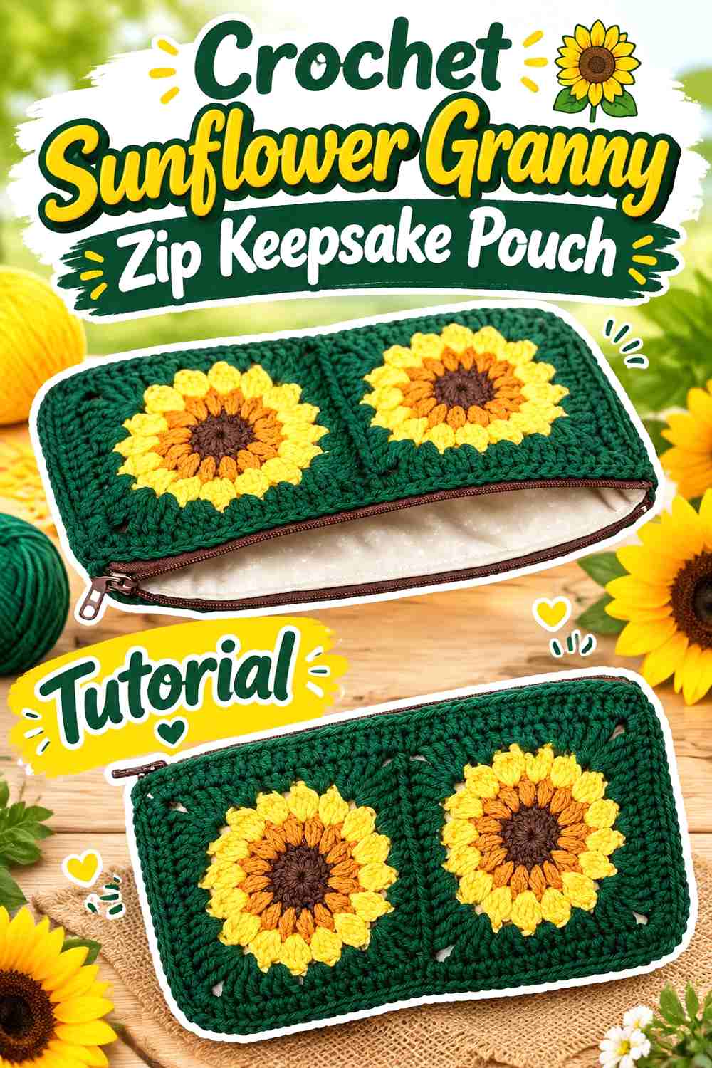 4. Crochet Sunflower Granny Zip Keepsake Pouch