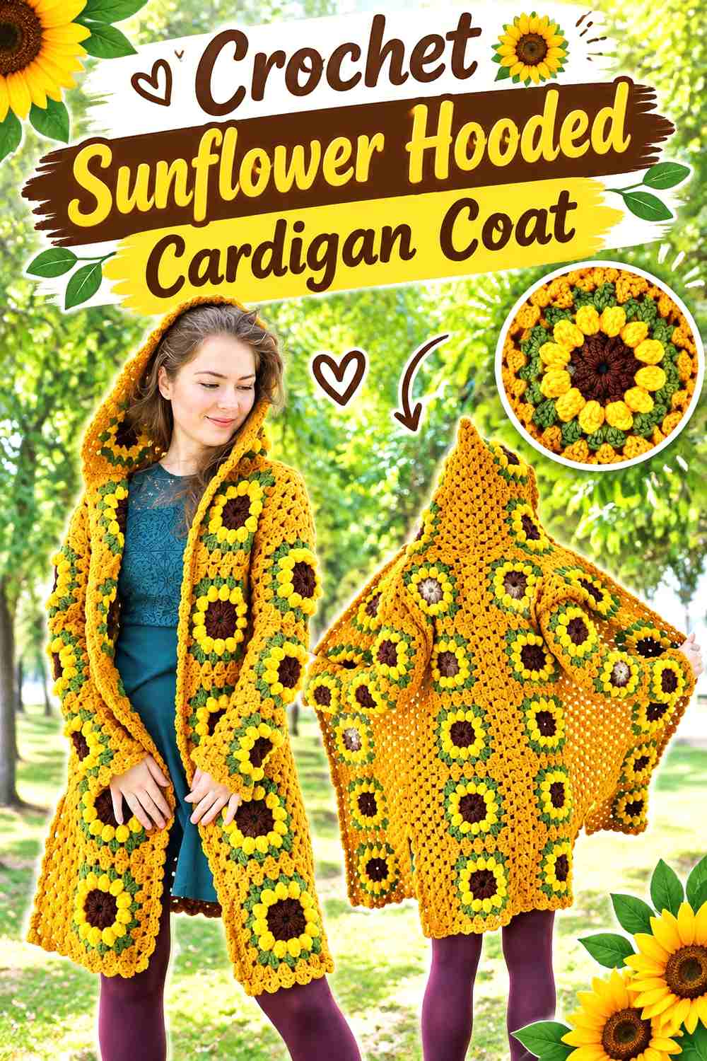 15. Crochet Sunflower Hooded Cardigan Coat