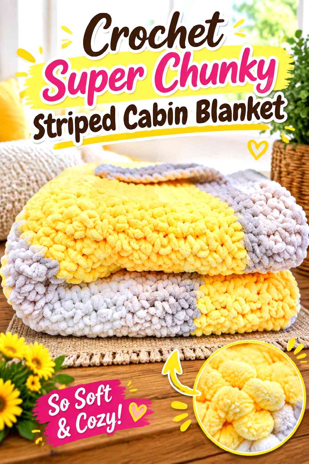 8. Crochet Super Chunky Striped Cabin Blanket