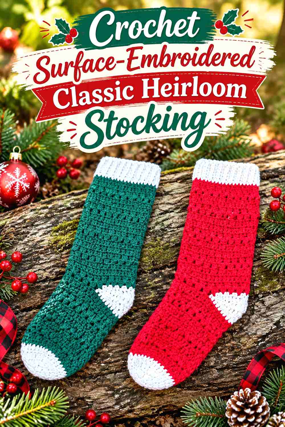 15. Crochet Surface-Embroidered Classic Heirloom Stocking