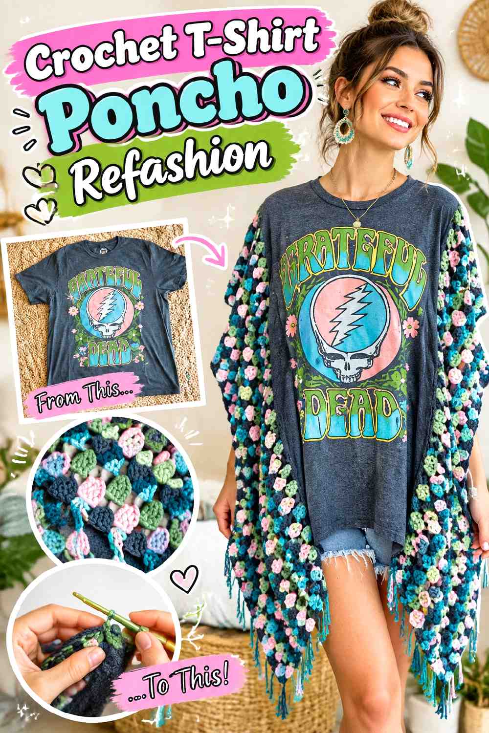 11. Crochet T Shirt Poncho Refashion
