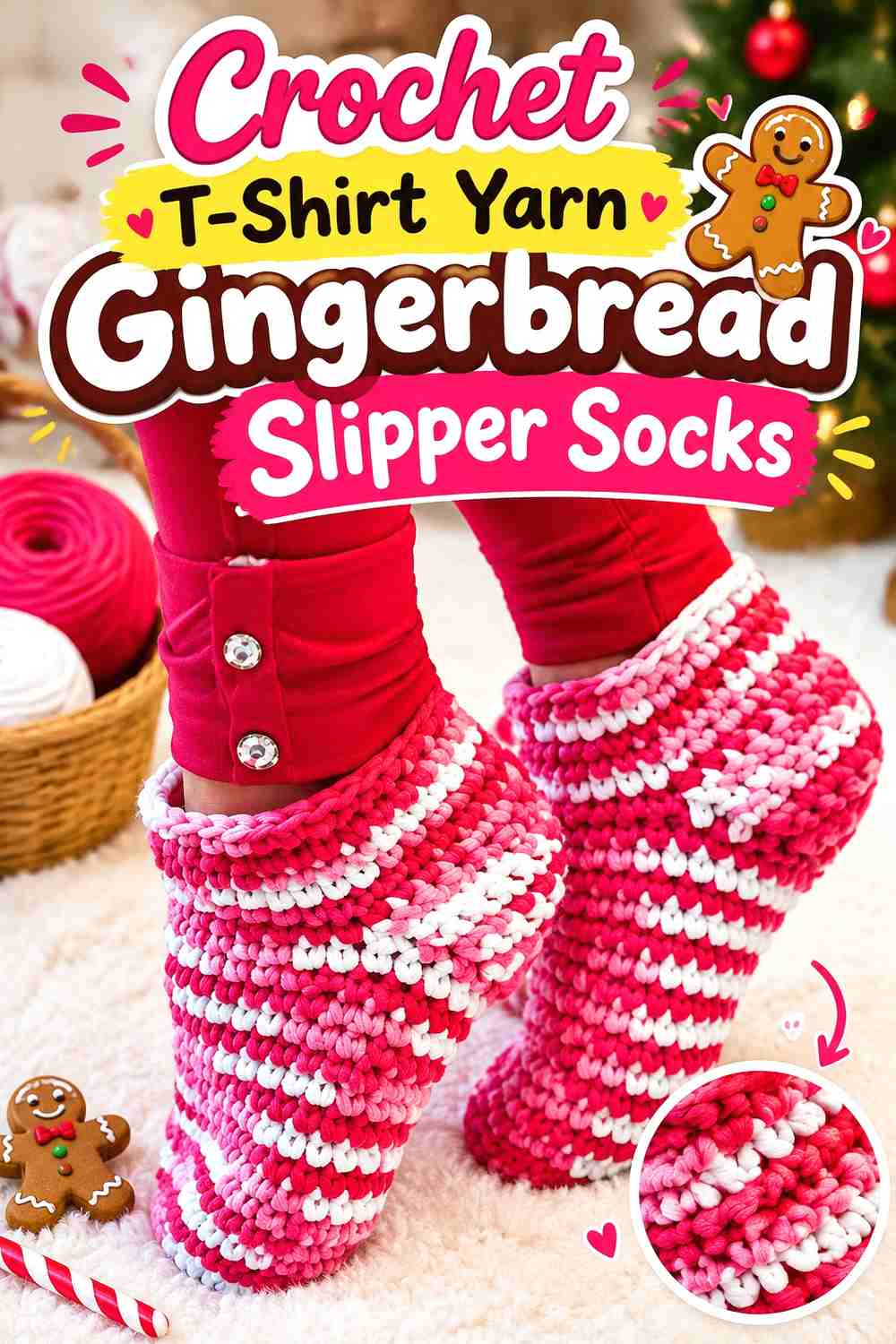 9. Crochet T-Shirt Yarn Gingerbread Slipper Socks