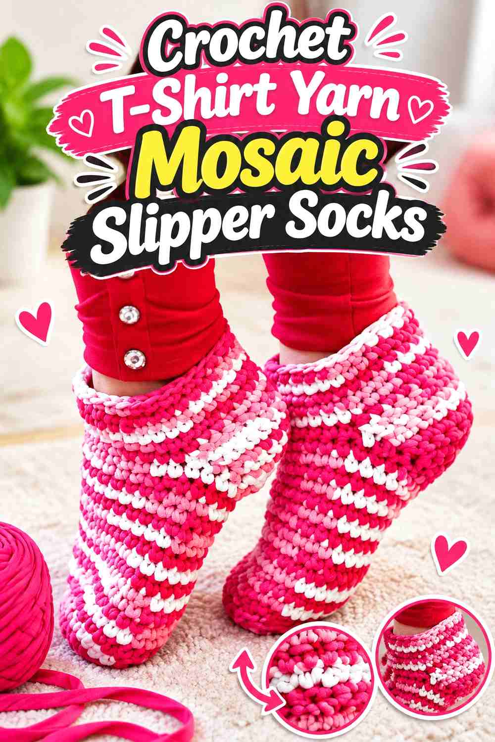 6. Crochet T-Shirt Yarn Mosaic Slipper Socks
