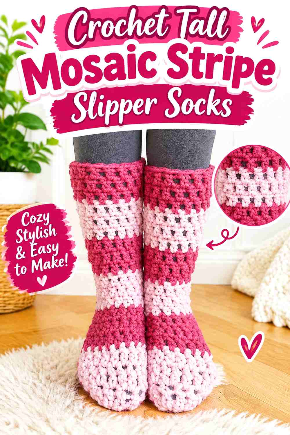 14. Crochet Tall Mosaic Stripe Slipper Socks