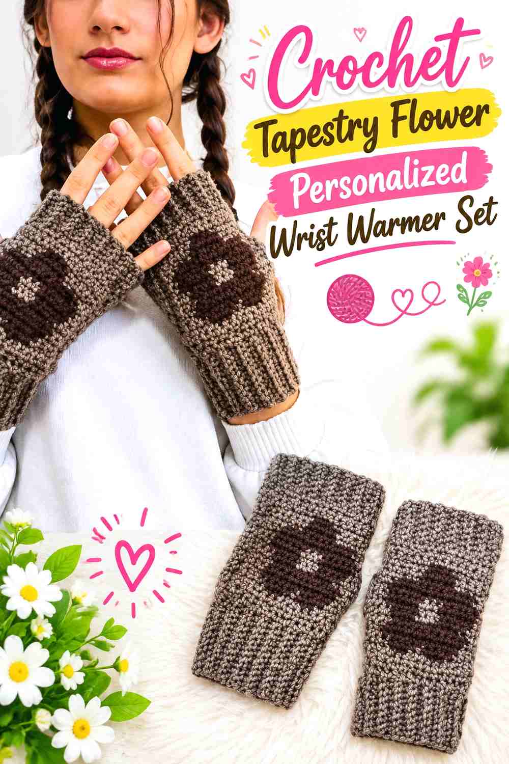 4. Crochet Tapestry Flower Personalized Wrist Warmer Set