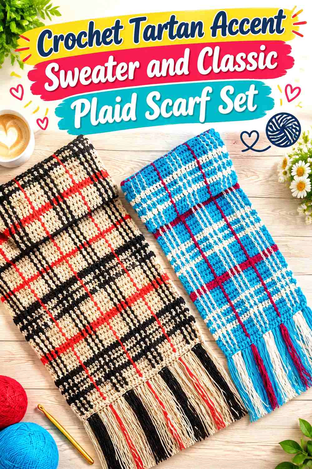 14. Crochet Tartan Accent Sweater and Classic Plaid Scarf Set