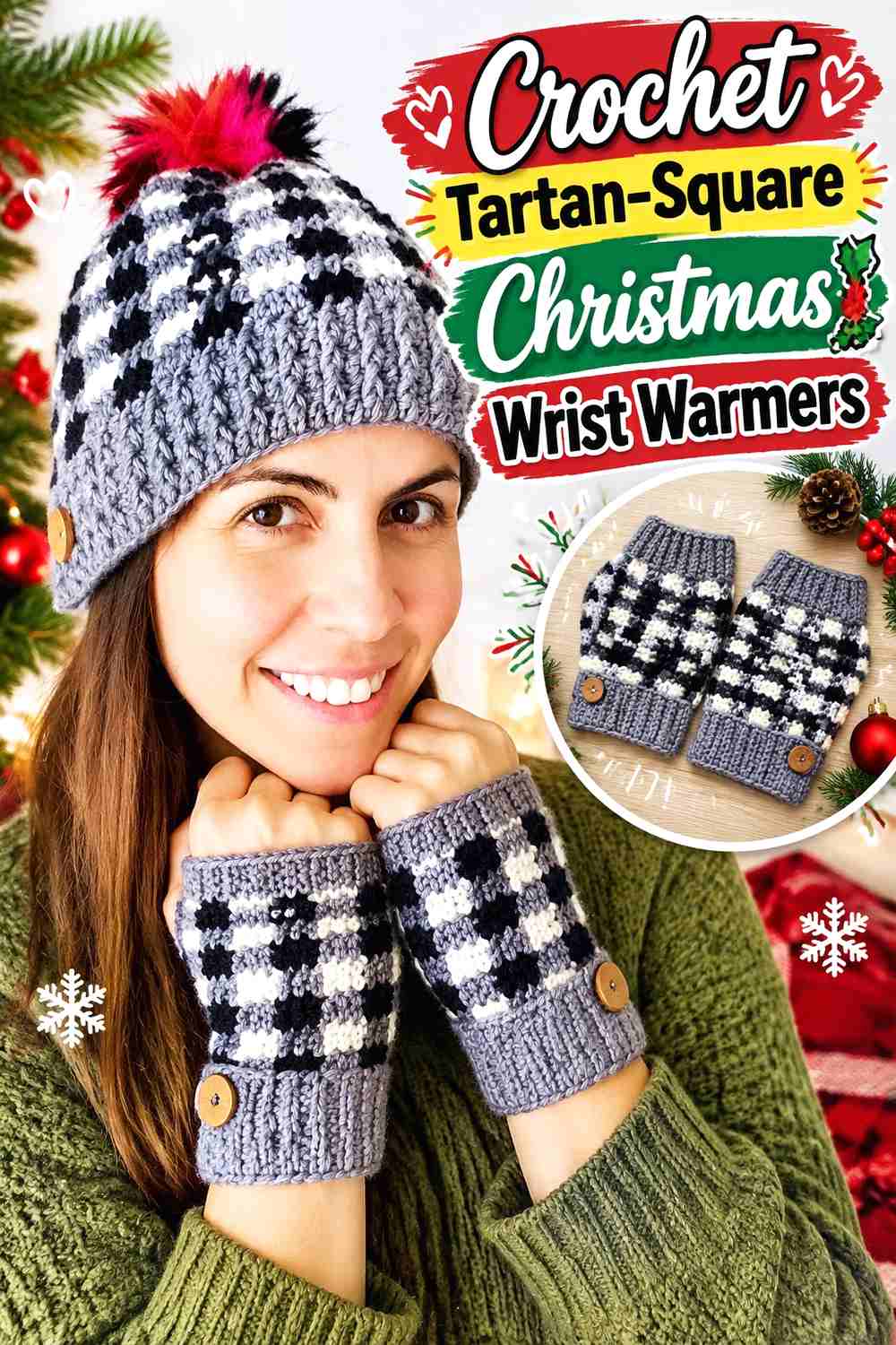 7. Crochet Tartan-Square Christmas Wrist Warmers