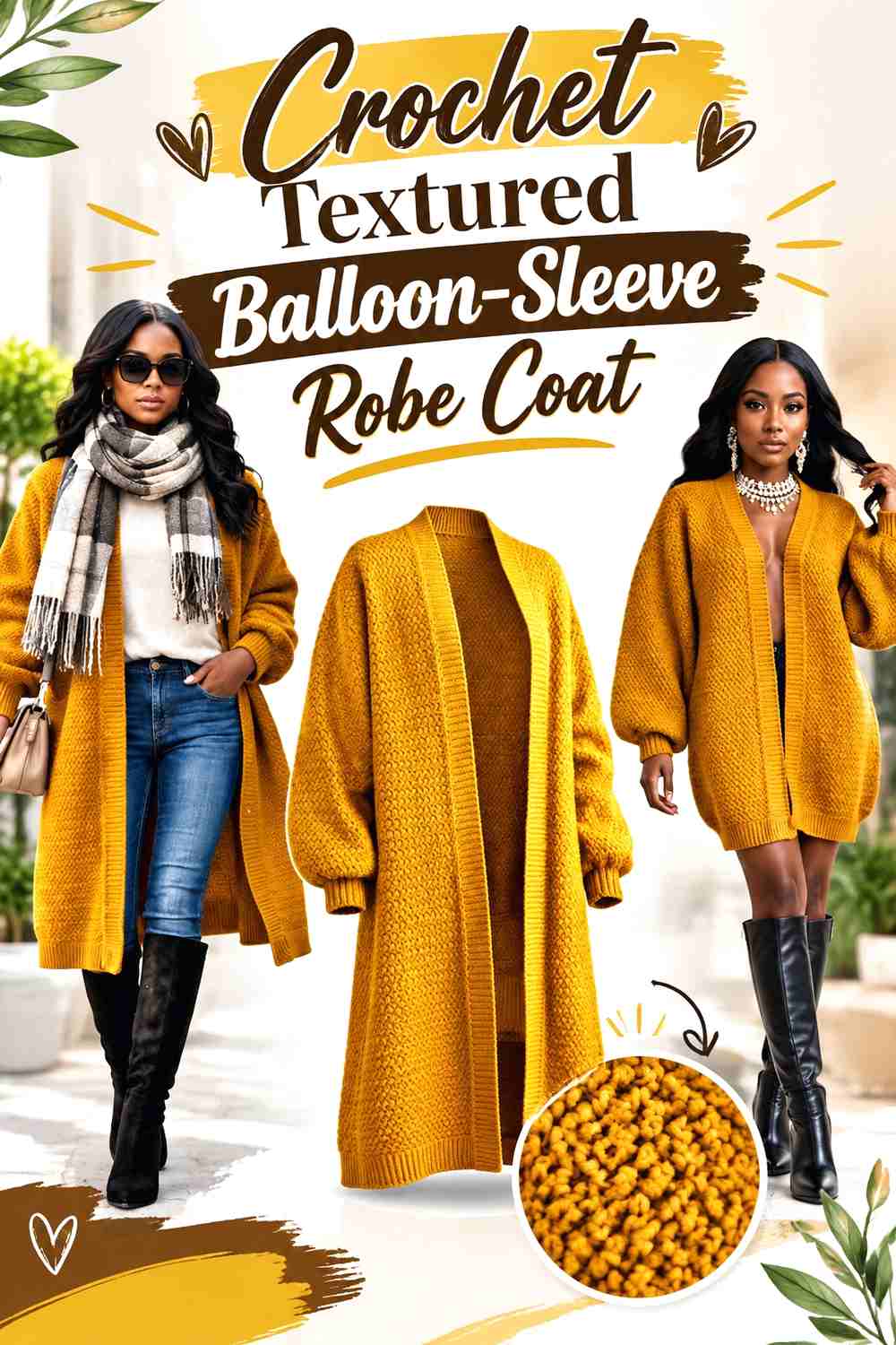8. Crochet Textured Balloon-Sleeve Robe Coat