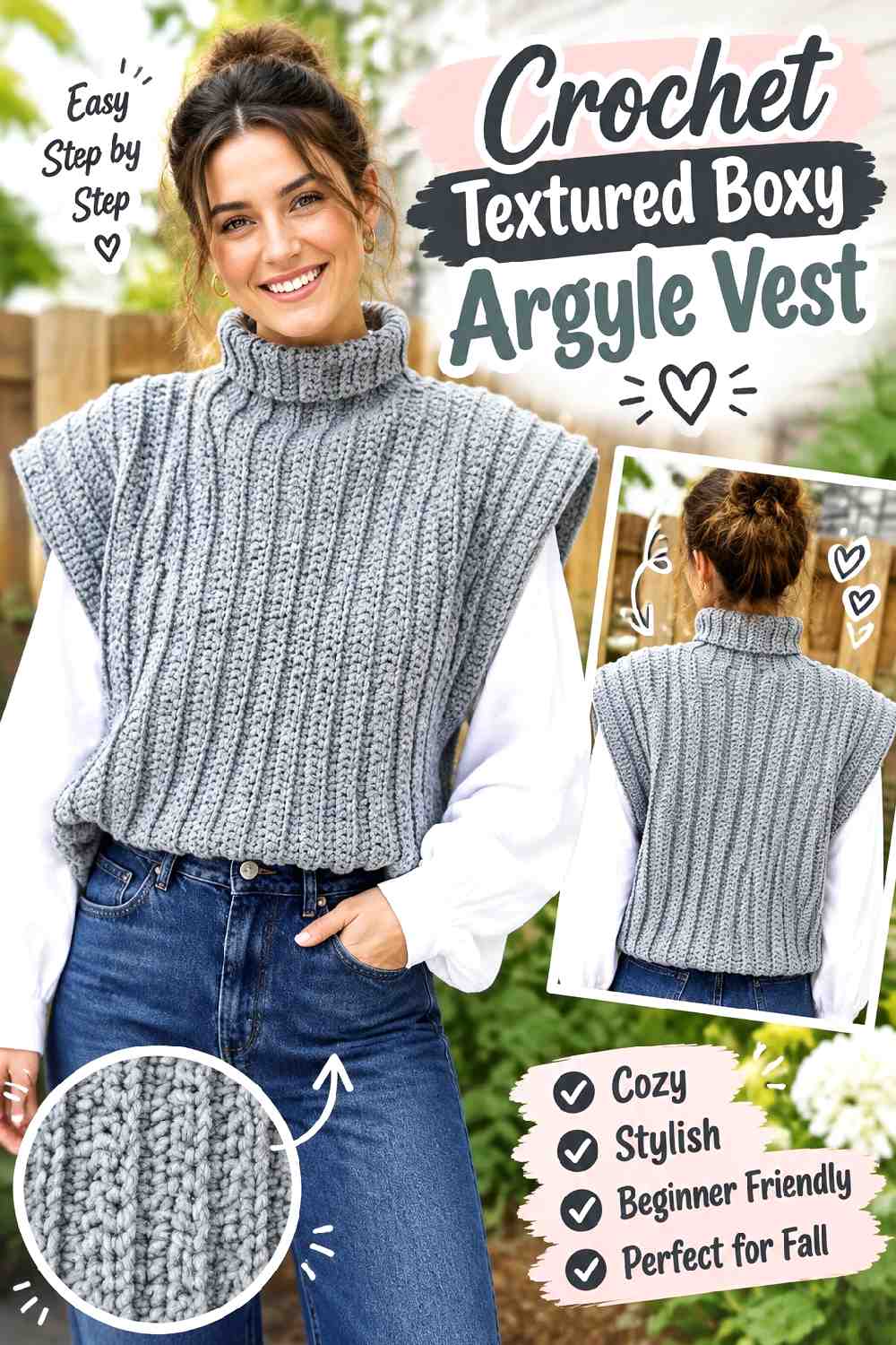 10. Crochet Textured Boxy Argyle Vest