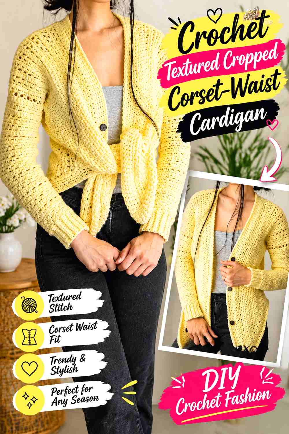 5. Crochet Textured Cropped Corset-Waist Cardigan