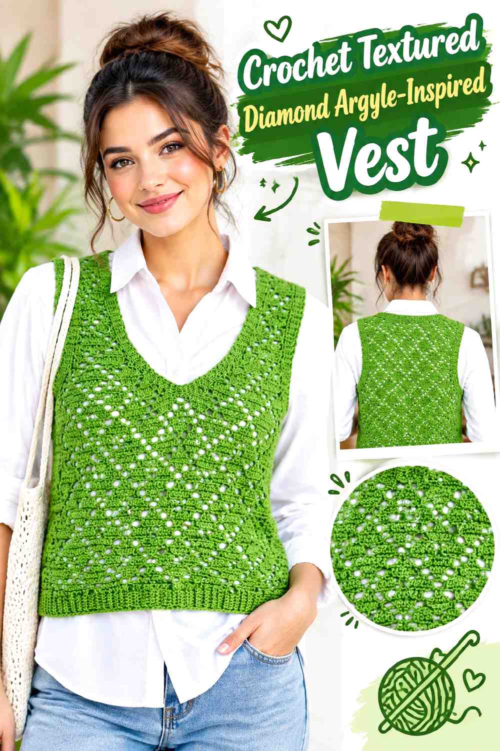 15. Crochet Textured Diamond Argyle Inspired Vest