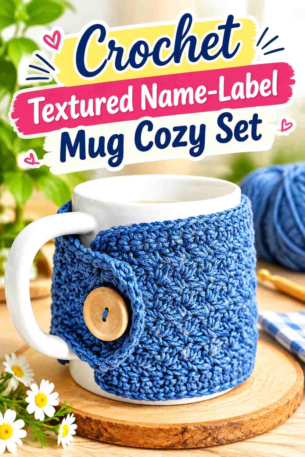 10. Crochet Textured Name-Label Mug Cozy Set