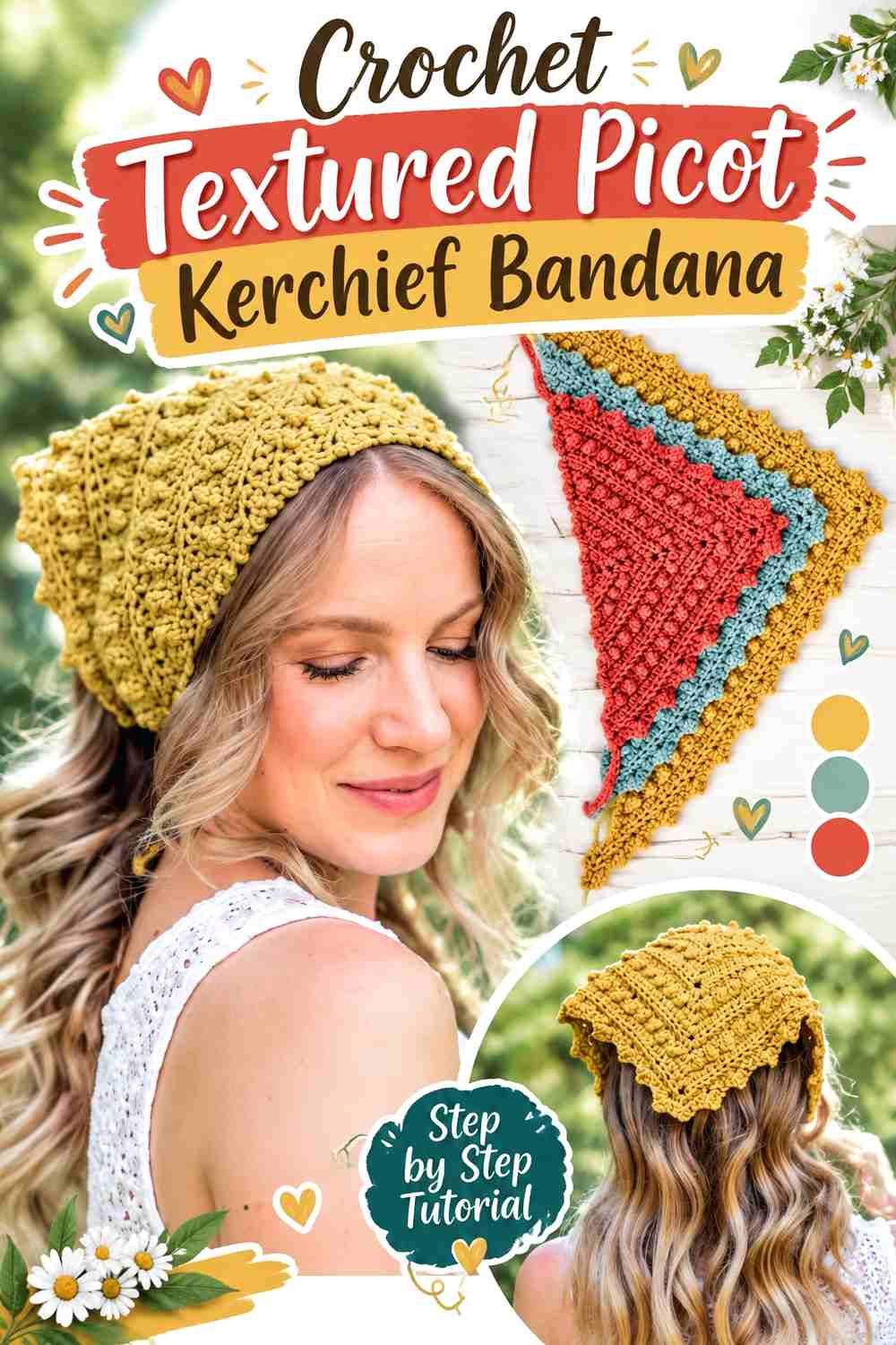 10. Crochet Textured Picot Kerchief Bandana