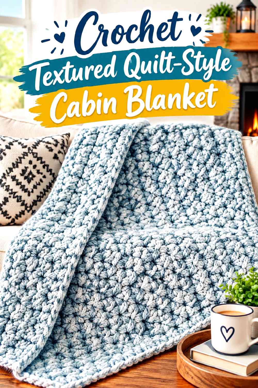 16. Crochet Textured Quilt-Style Cabin Blanket