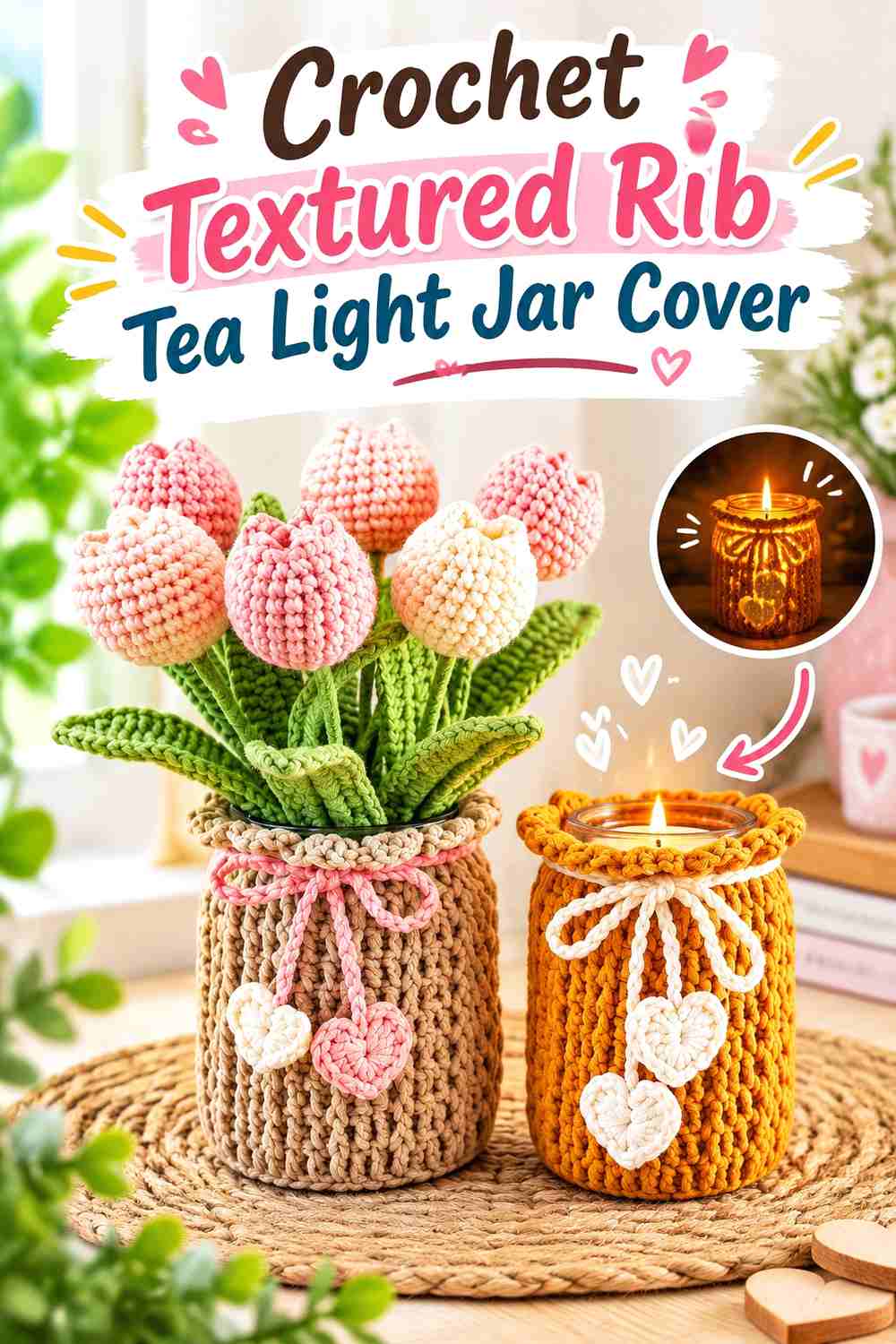 14. Crochet Textured Rib Tea Light Jar Cover