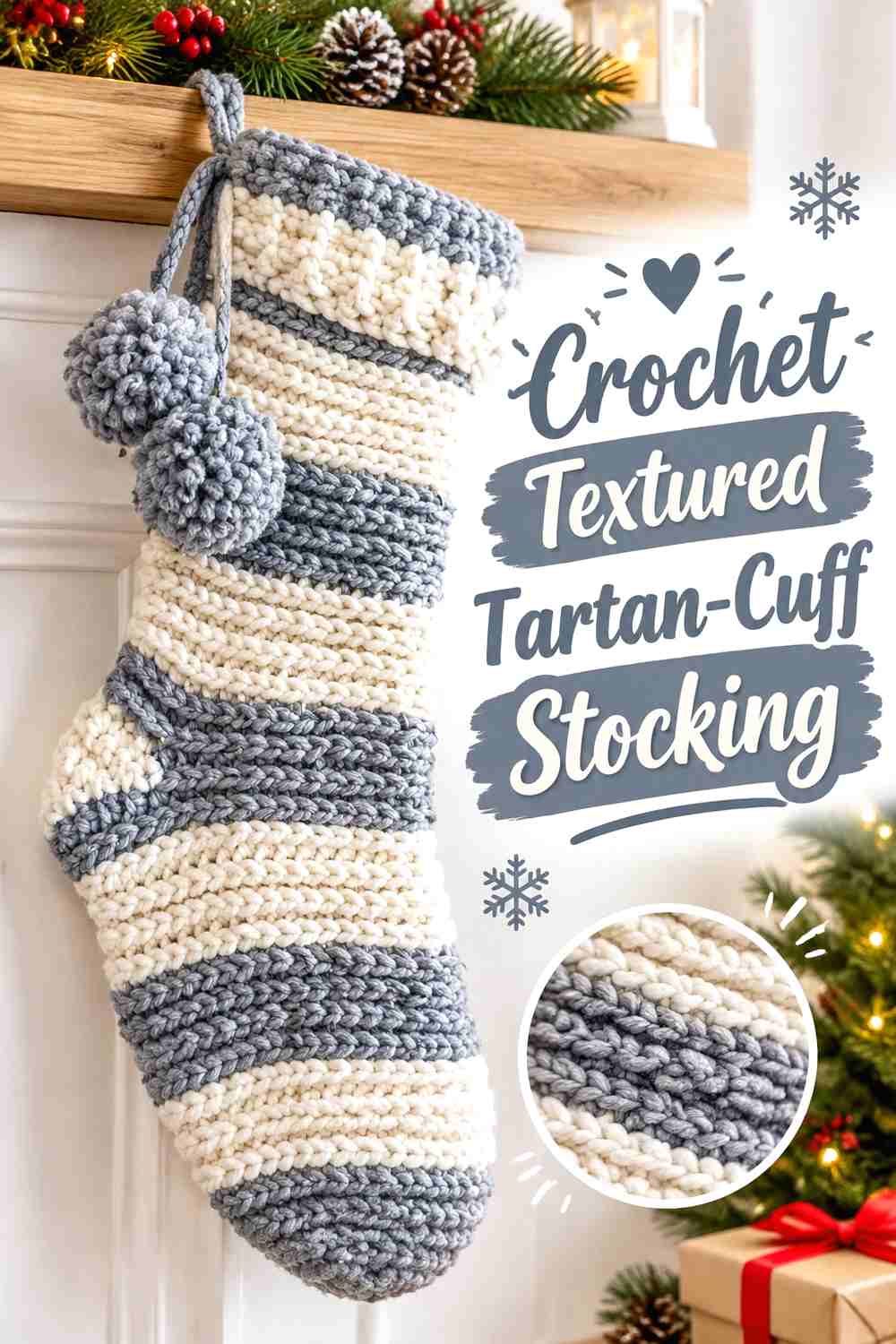 7. Crochet Textured Tartan-Cuff Stocking