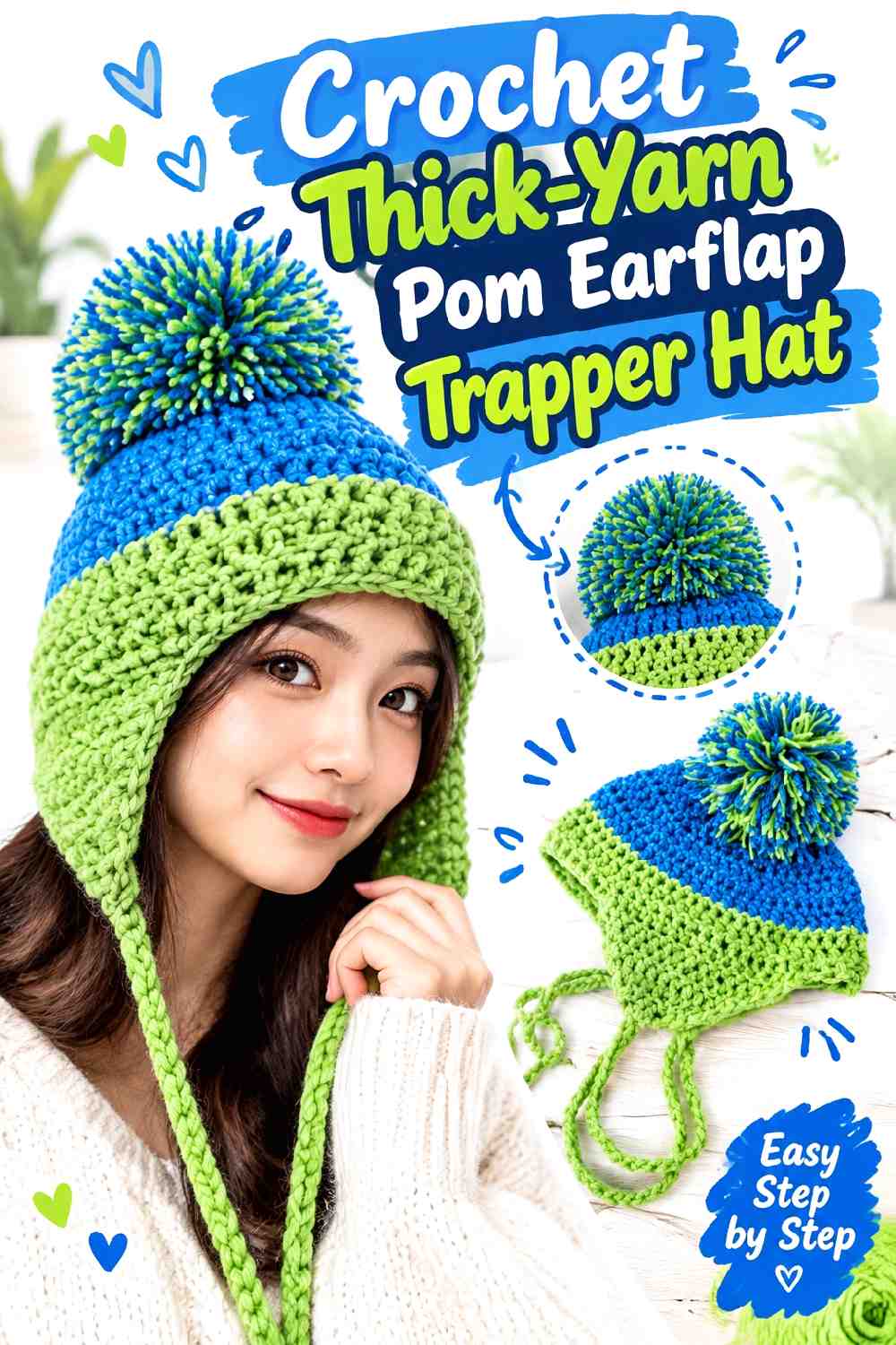 9. Crochet Thick Yarn Pom Earflap Trapper Hat