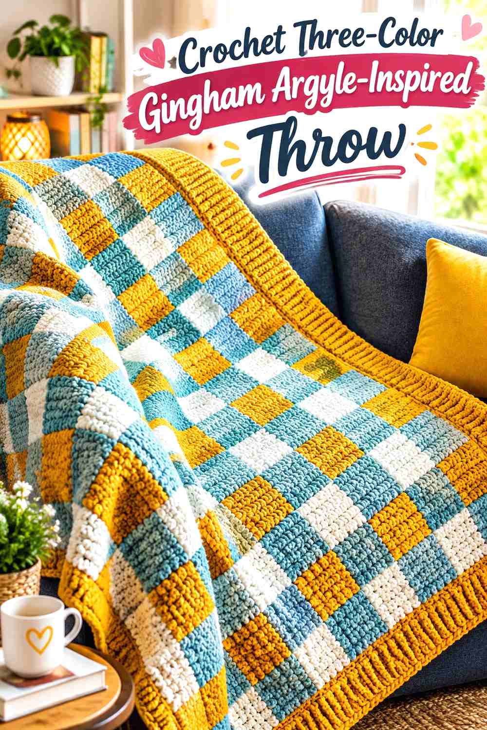 7. Crochet Three-Color Gingham Argyle-Inspired Throw