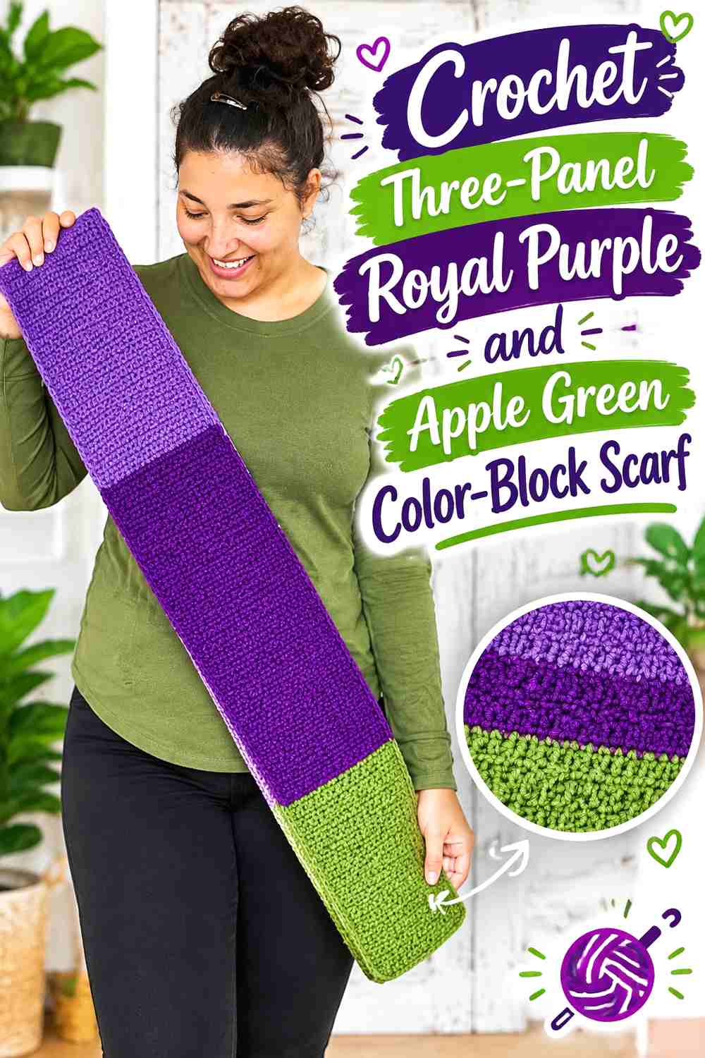 1. Crochet Three-Panel Royal Purple and Apple Green Color-Block Scarf