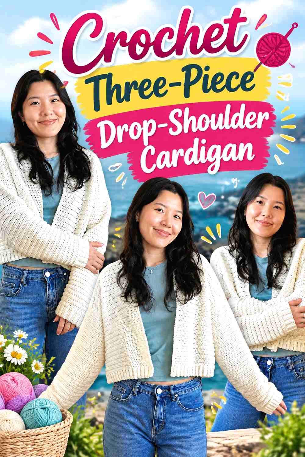 4. Crochet Three-Piece Drop-Shoulder Cardigan