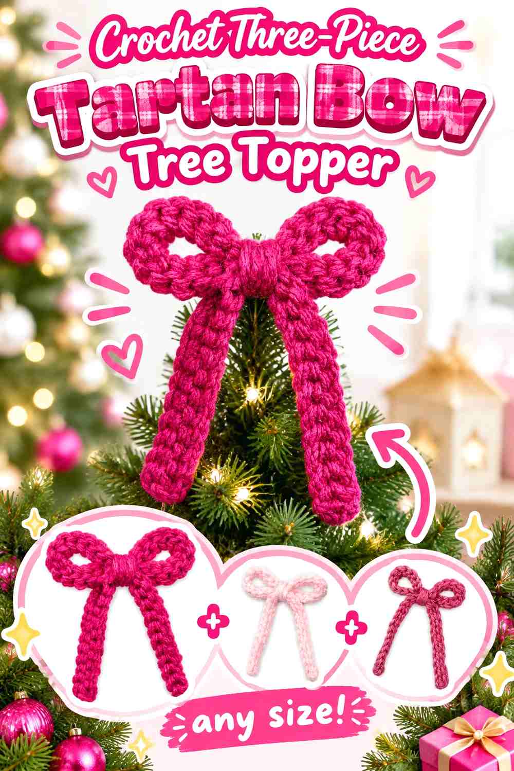 4. Crochet Three-Piece Tartan Bow Tree Topper