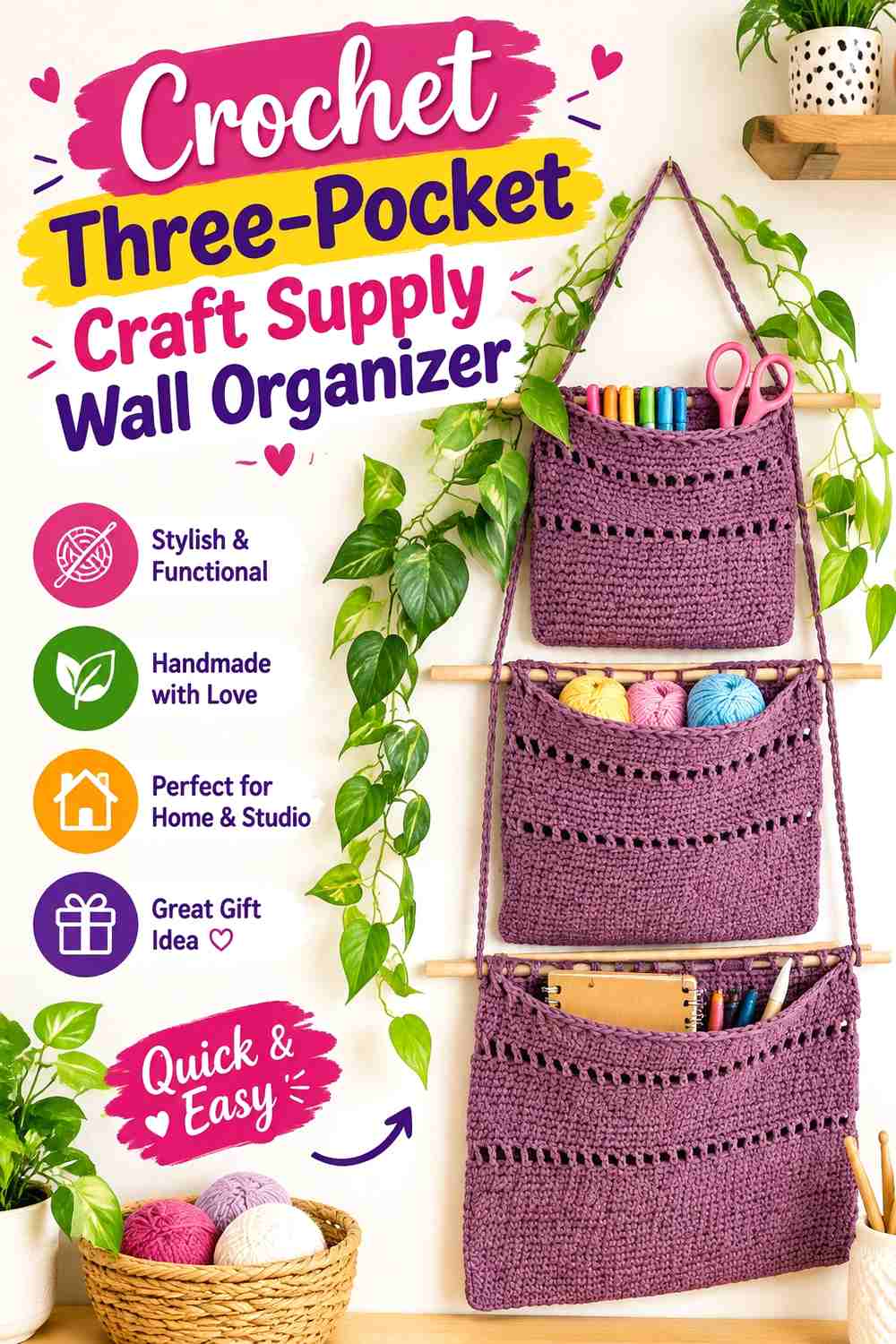 4. Crochet Three Pocket Craft Supply Wall Organizer