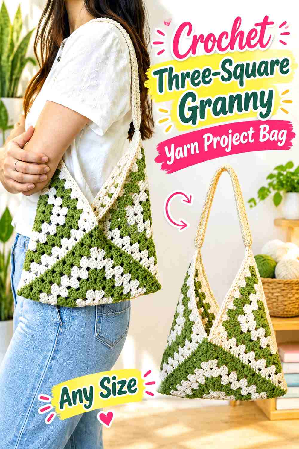 14. Crochet Three Square Granny Yarn Project Bag
