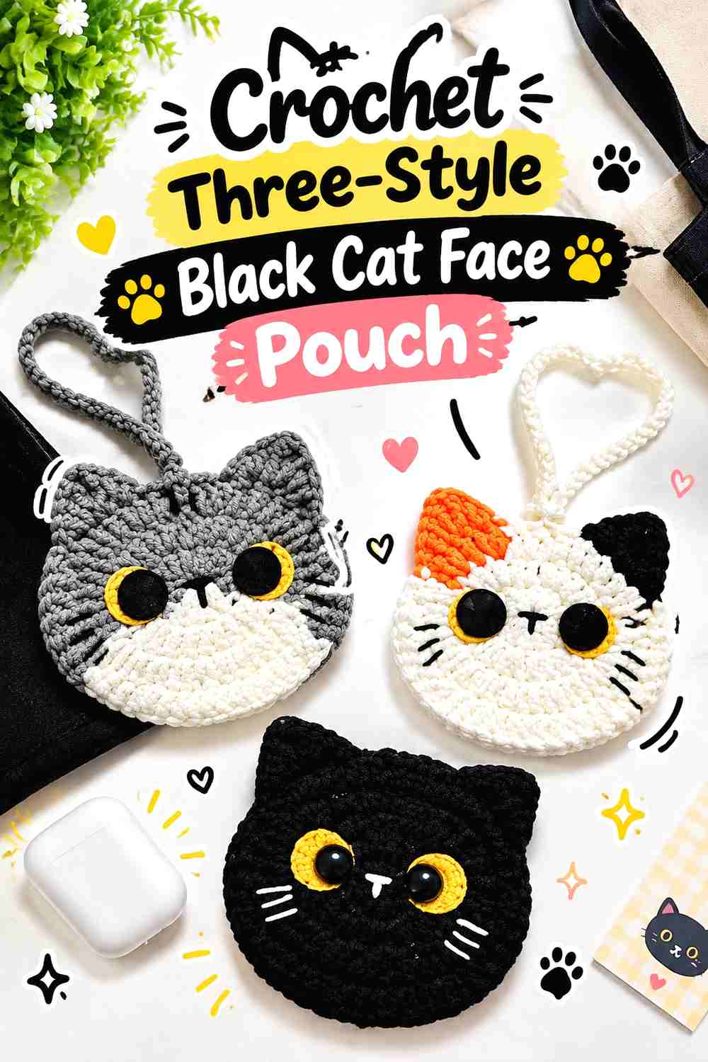 10. Crochet Three-Style Black Cat Face Pouch