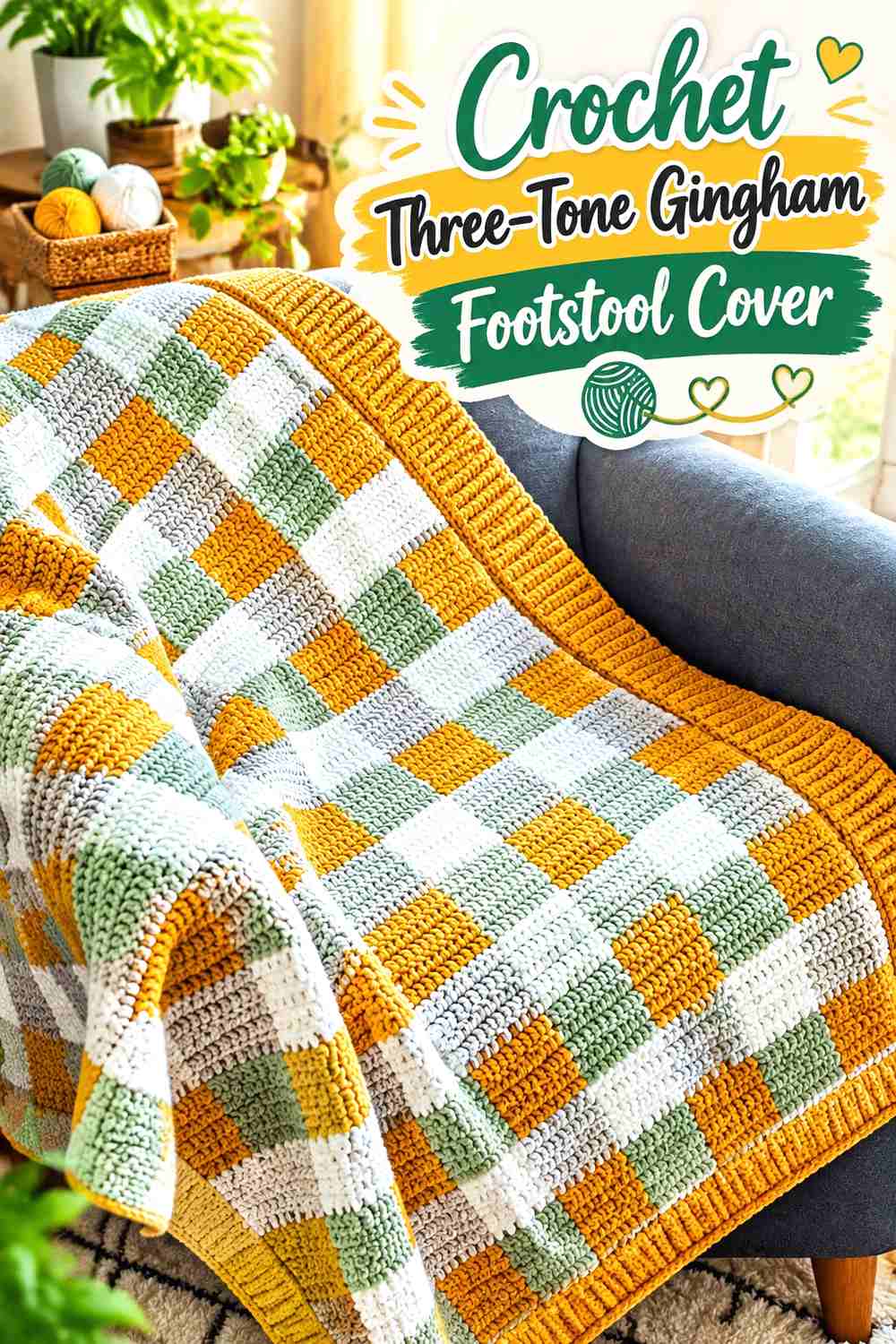 6. Crochet Three-Tone Gingham Footstool Cover