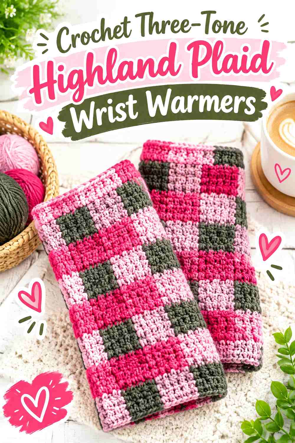 6. Crochet Three-Tone Highland Plaid Wrist Warmers