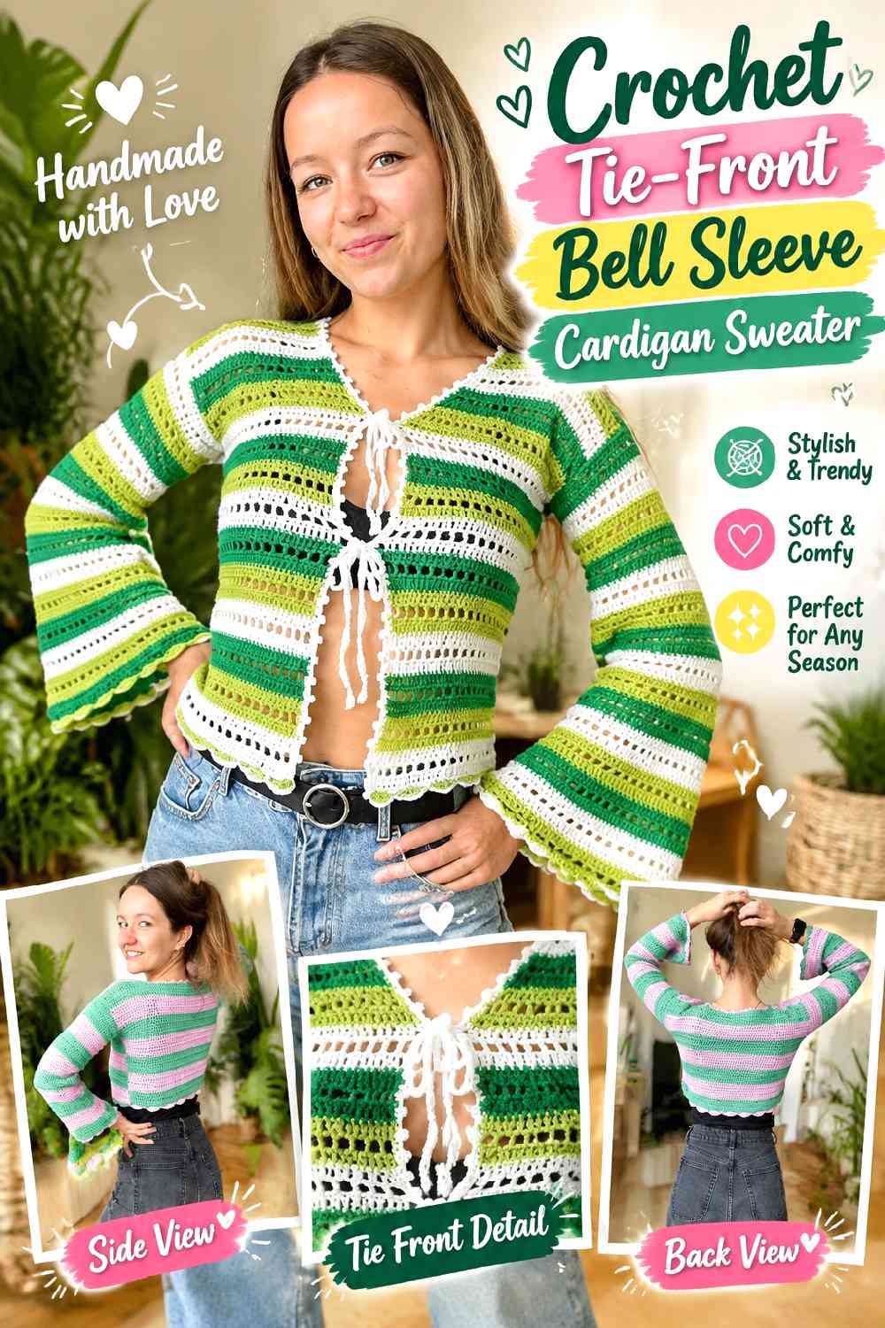 11. Crochet Tie-Front Bell Sleeve Cardigan Sweater