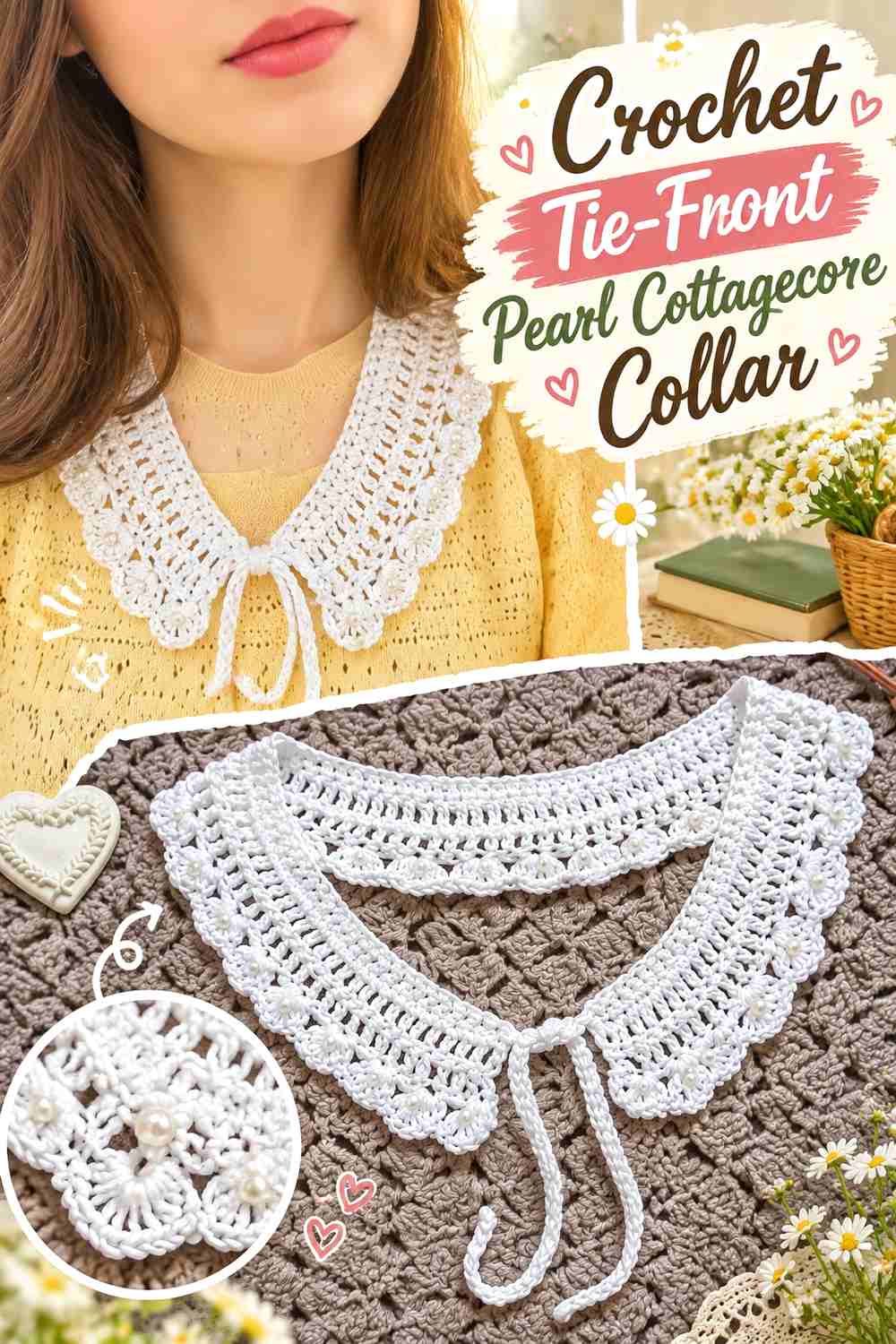 18. Crochet Tie Front Pearl Cottagecore Collar