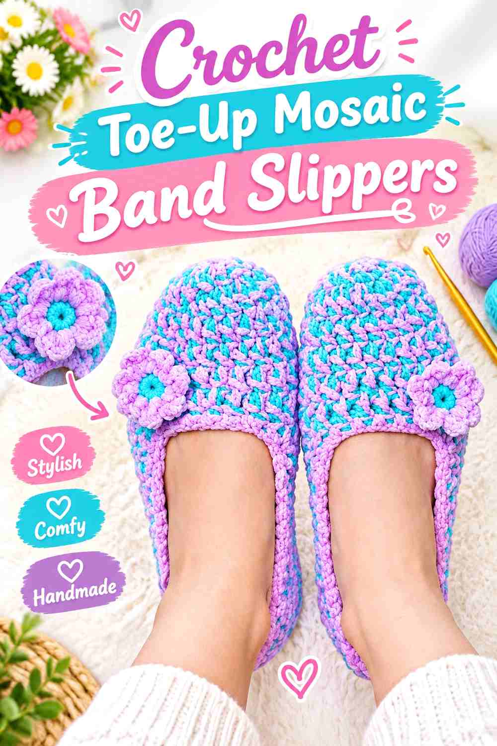 5. Crochet Toe-Up Mosaic Band Slippers