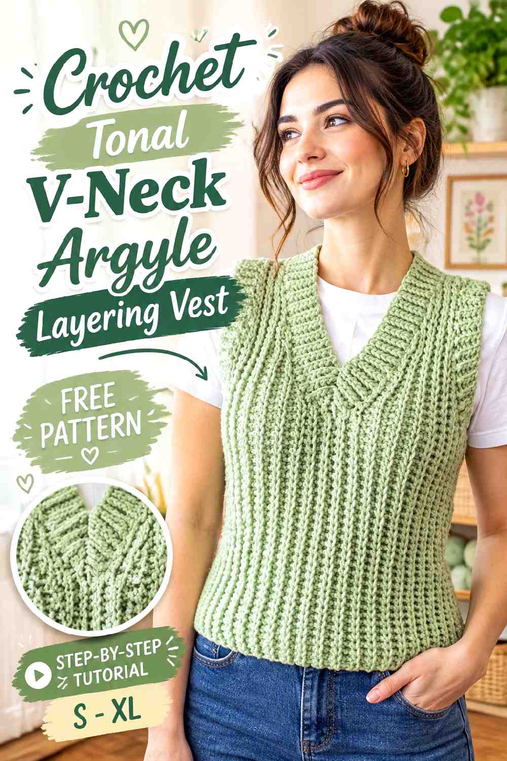 12. Crochet Tonal V Neck Argyle Layering Vest