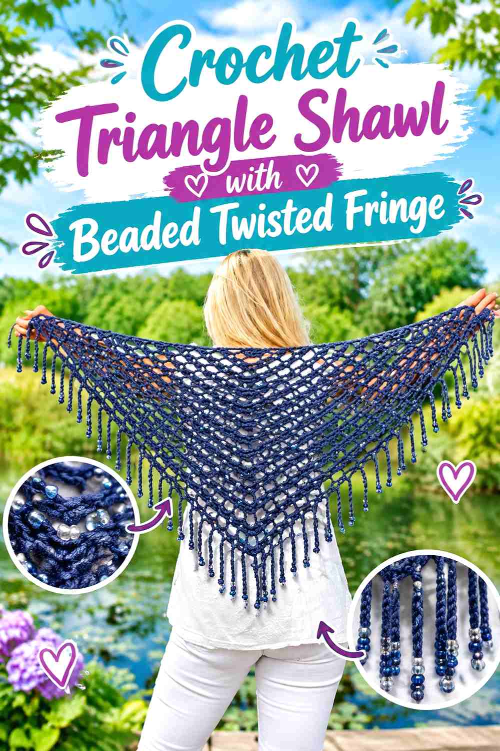 12. Crochet Triangle Shawl With Beaded Twisted Fringe