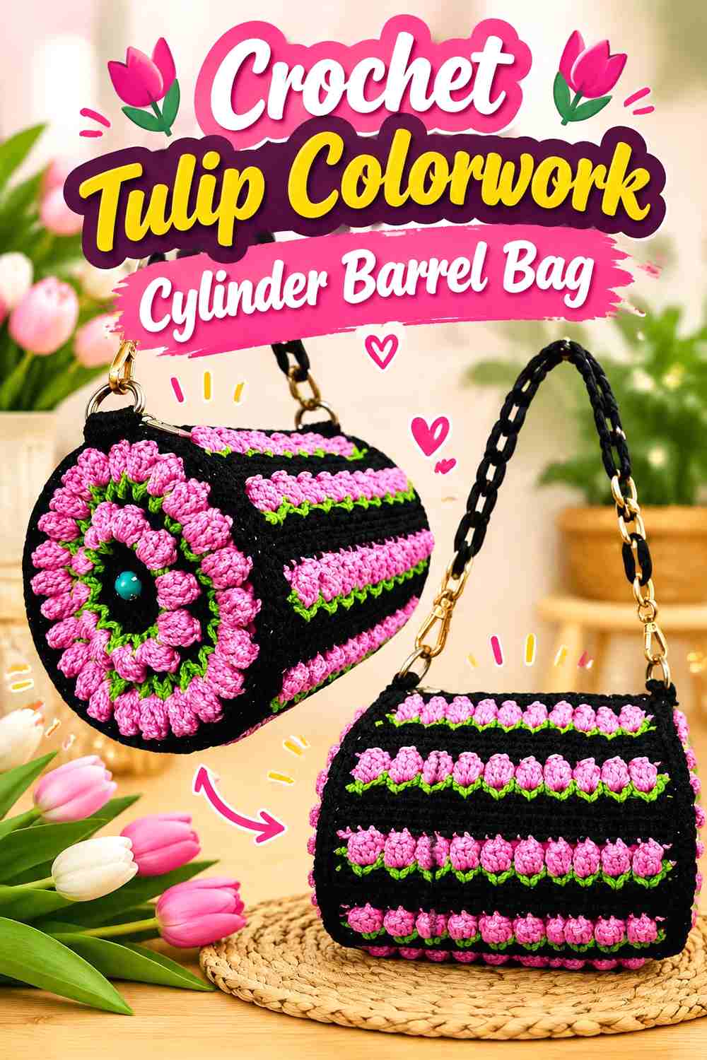 6. Crochet Tulip Colorwork Cylinder Barrel Bag