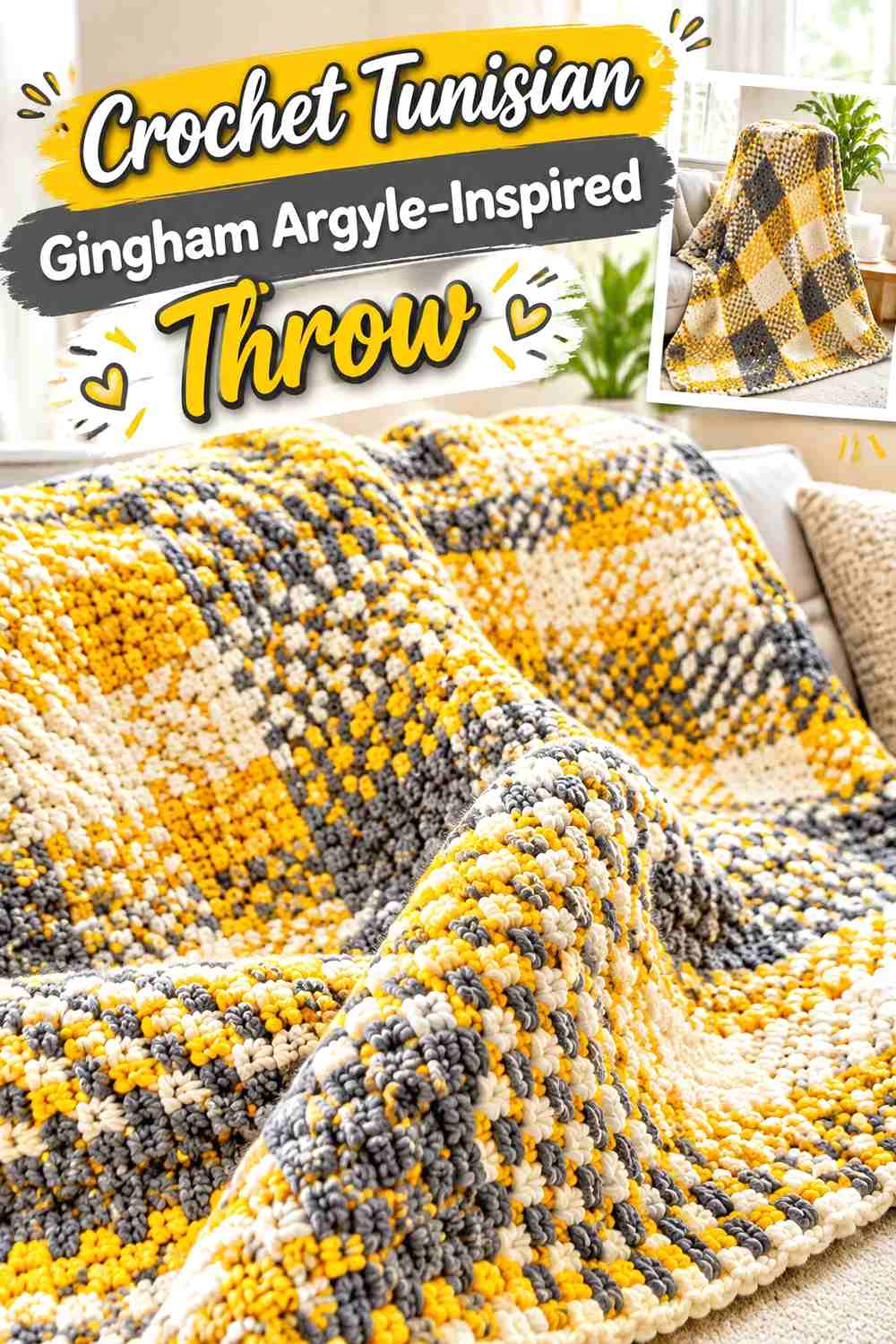11. Crochet Tunisian Gingham Argyle-Inspired Throw