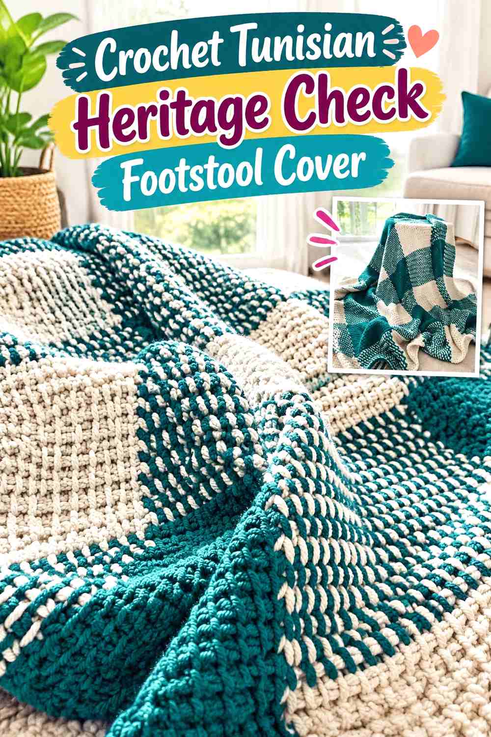 5. Crochet Tunisian Heritage Check Footstool Cover