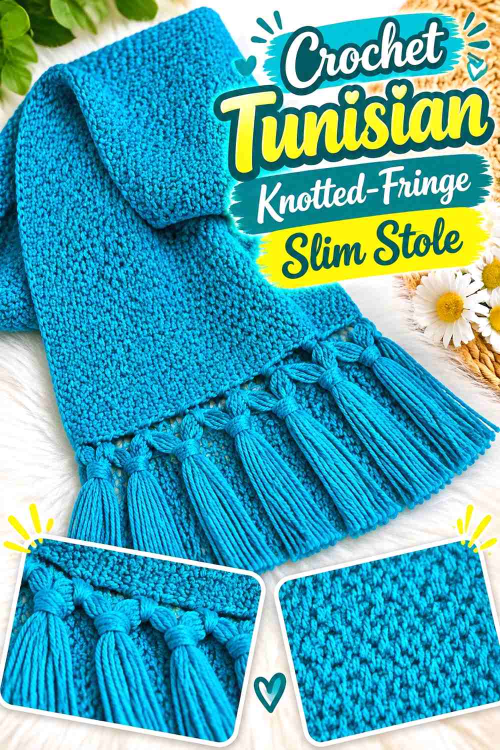 12. Crochet Tunisian Knotted Fringe Slim Stole