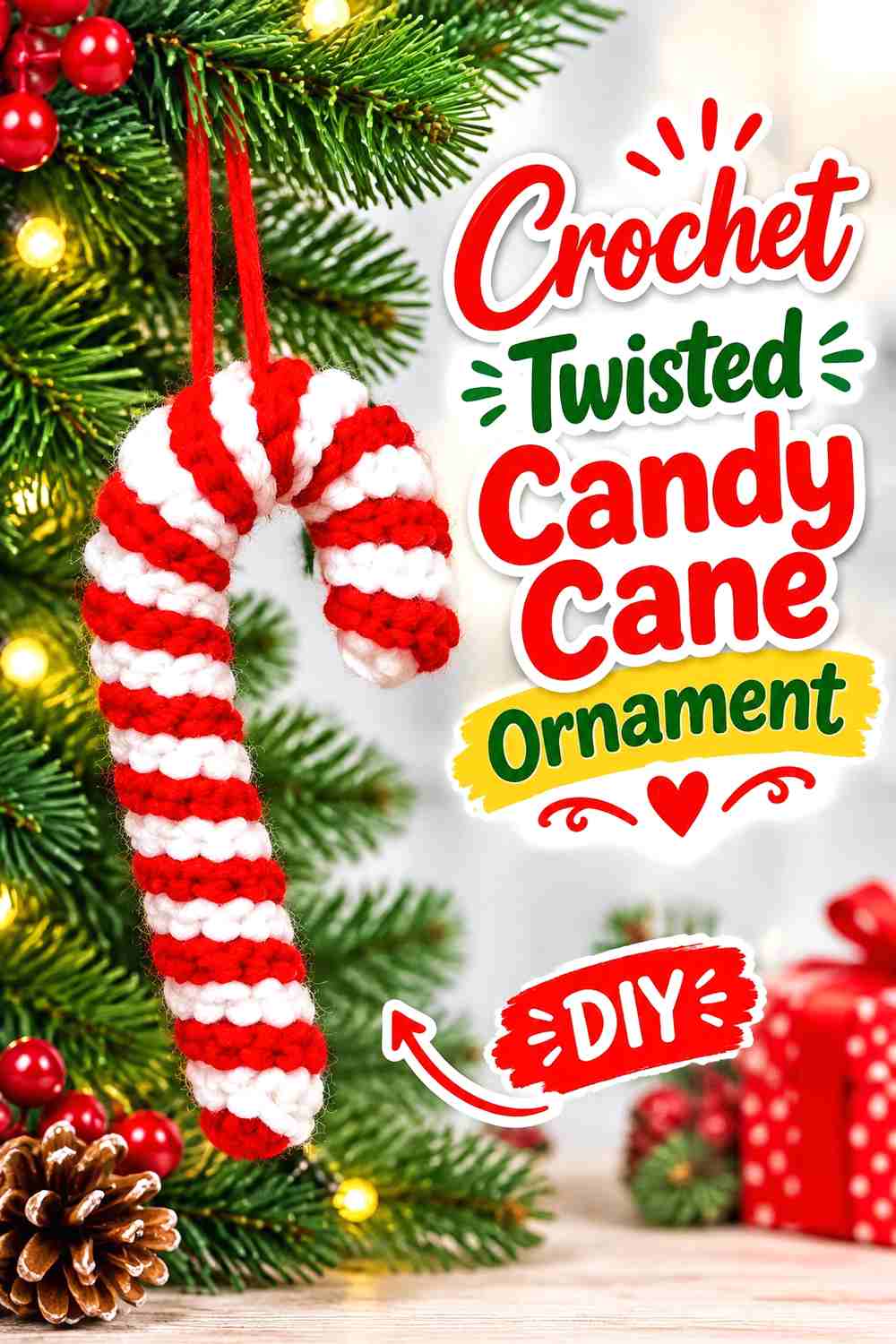12. Crochet Twisted Candy Cane Ornament