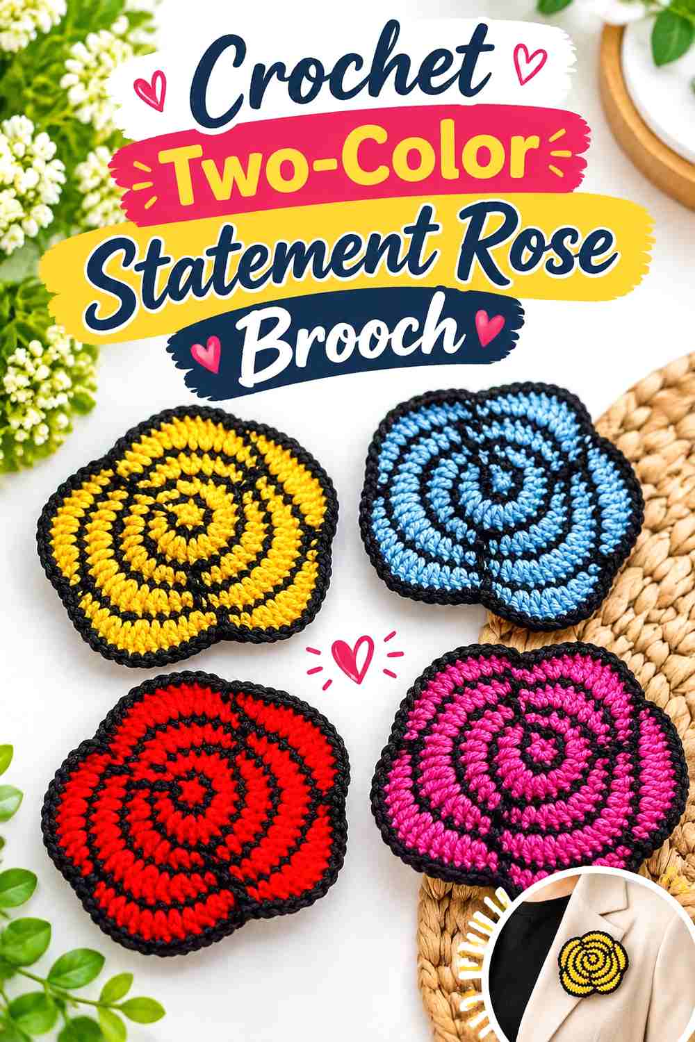 15. Crochet Two-Color Statement Rose Brooch